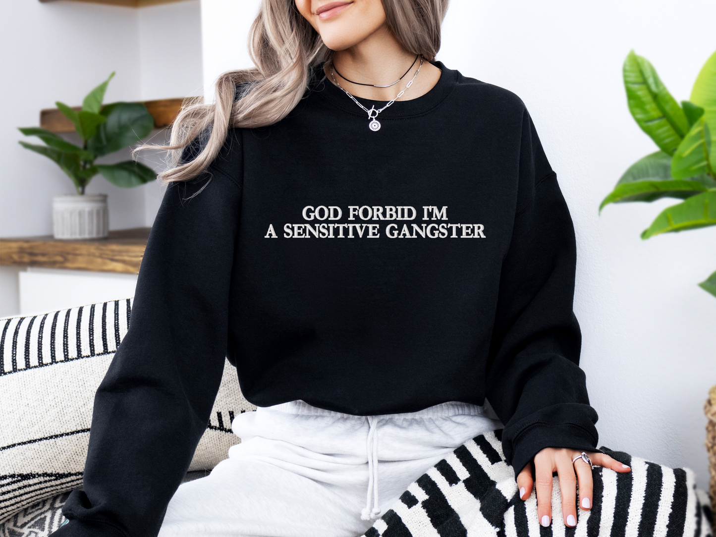 Embroidered 'Sensitive Gangster' Sweatshirt | Funny Sarcastic Pullover