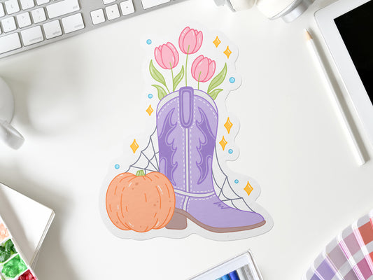 Fall Halloween Purple Cowboy Boot Sticker | Spooky Western Vinyl Decal | Laptop, Water Bottle, Planner Sticker | Autumn Cowboy Decor