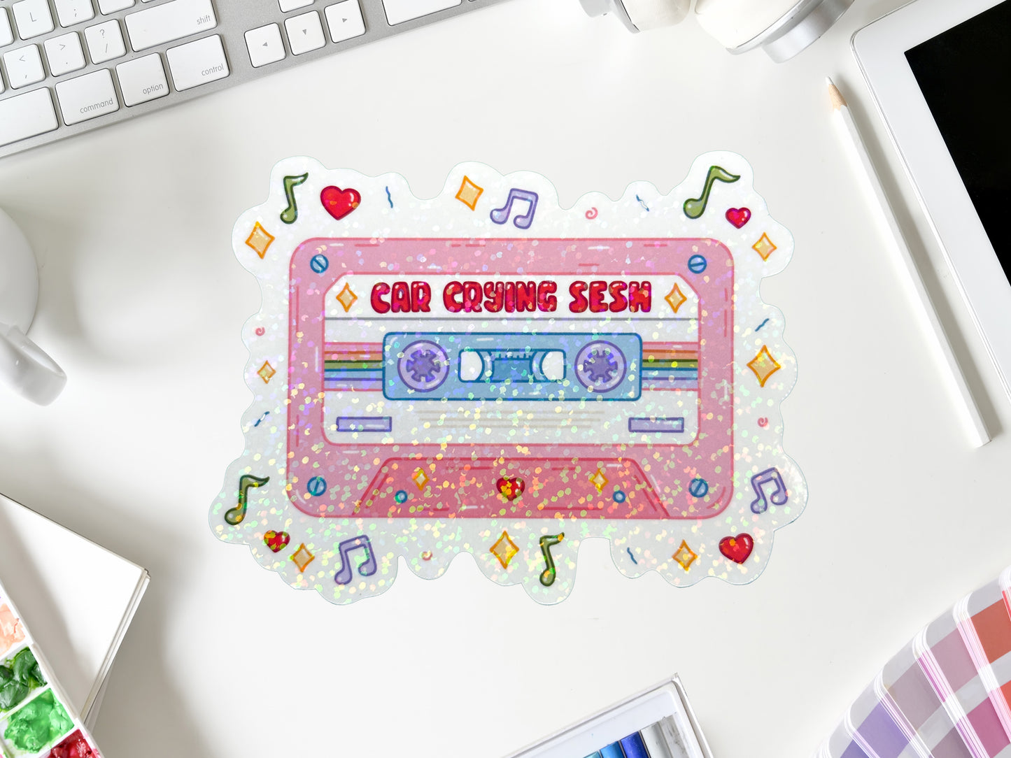 Pink Cassette Tape Car Crying Sesh Glitter Sticker | Retro Music Aesthetic Sticker | Laptop, Water Bottle, Planner Decor | Cute Fun Gift