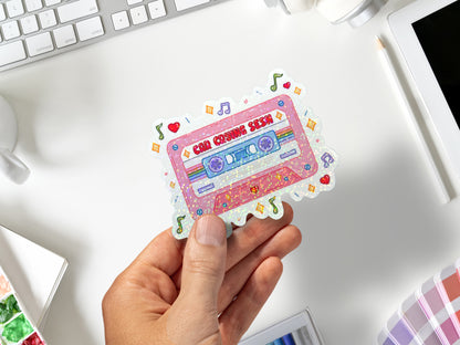 Pink Cassette Tape Car Crying Sesh Glitter Sticker | Retro Music Aesthetic Sticker | Laptop, Water Bottle, Planner Decor | Cute Fun Gift