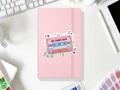 Pink Cassette Tape Car Crying Sesh Glitter Sticker | Retro Music Aesthetic Sticker | Laptop, Water Bottle, Planner Decor | Cute Fun Gift