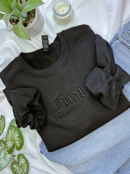 Feral Black Crewneck – Funny Embroidered Sweatshirt, Cozy Gildan 18000 Pullover, Crewneck