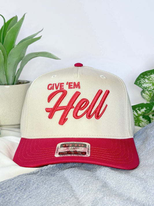 Give ’Em Hell Puff Embroidery Hat – Unisex Adjustable Trucker Cap