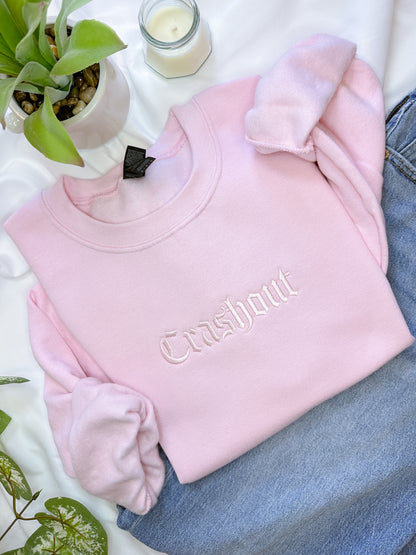 Pink Embroidered Crashout Crewneck Sweatshirt – Gildan 18000 Unisex Pullover, Cozy Fleece Embroidery, Cute