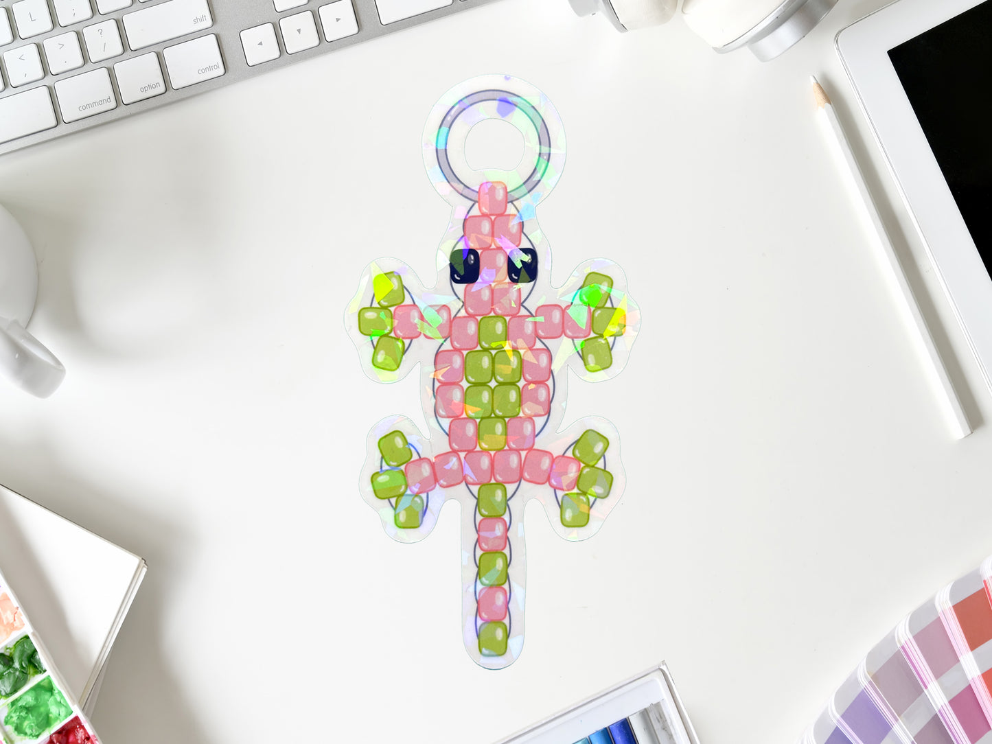 Iridescent Retro Bead Lizard Keychain Sticker | Cute Colorful Lizard Sticker | Laptop, Water Bottle, Planner Decor