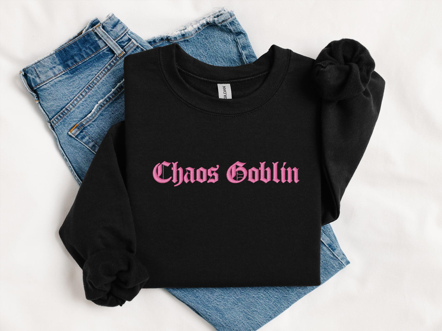 Chaos Goblin Embroidered Sweatshirt | Gildan 18000 Crewneck | Funny Fantasy Pullover | Minimalist Cozy Sweater | Gift for Her