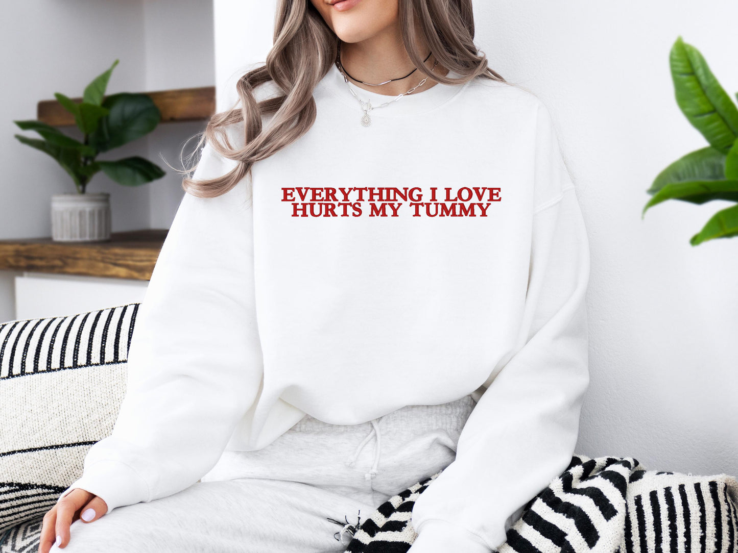 Everything I Love Hurts My Tummy Embroidered Sweatshirt | Gildan 18000 Crewneck | Funny Minimalist Pullover | Cozy Statement Sweater