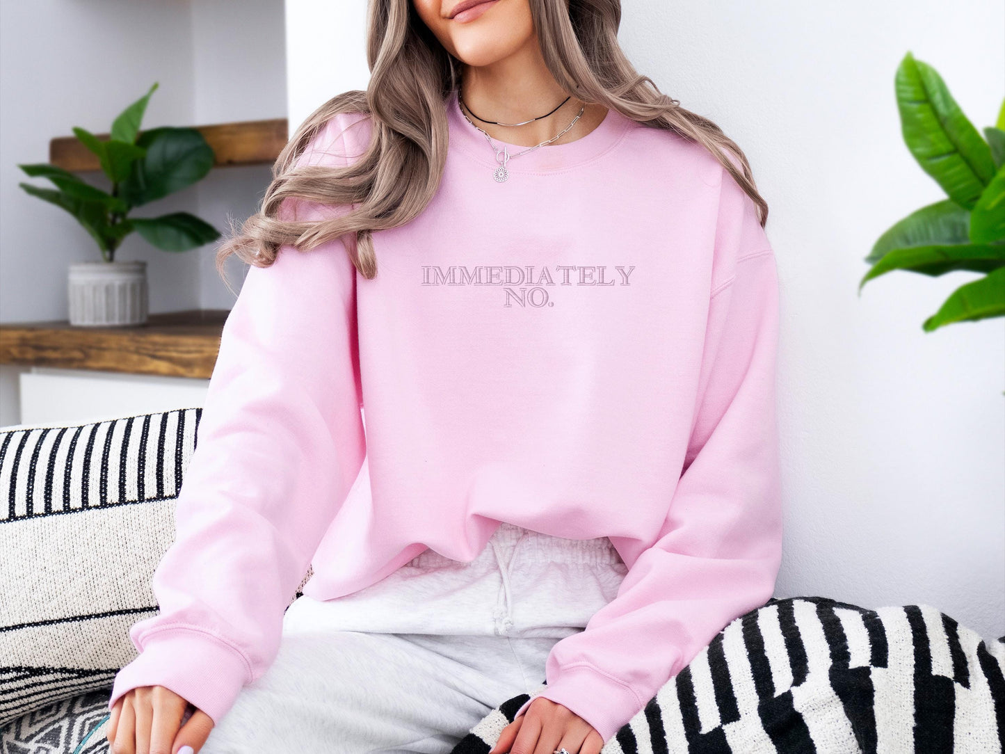 Immediately No Embroidered Sweatshirt | Gildan 18000 Crewneck | Funny Minimalist Pullover | Sarcastic Cozy Statement Sweater