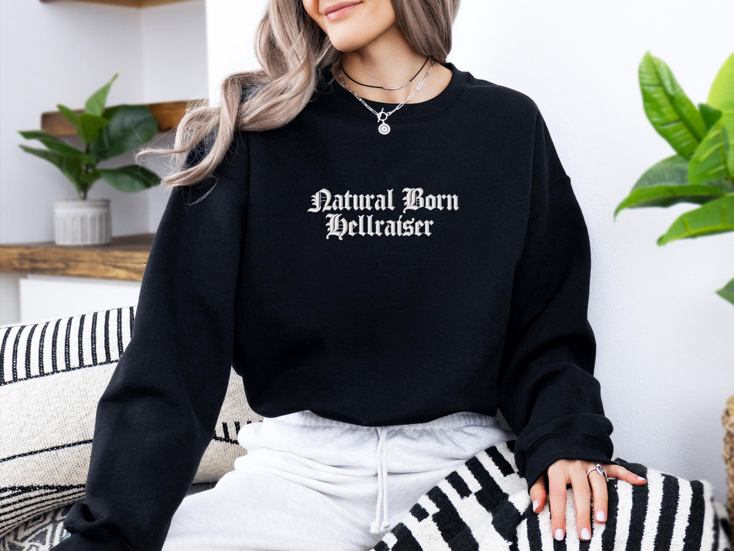 Natural Born Hell Raiser Embroidered Sweatshirt | Gildan 18000 Crewneck | Funny Edgy Pullover | Cozy Statement Sweater | Gift for Her
