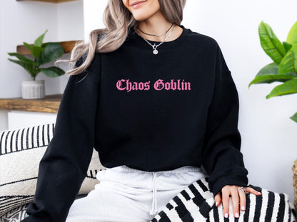 Chaos Goblin Embroidered Sweatshirt | Gildan 18000 Crewneck | Funny Fantasy Pullover | Minimalist Cozy Sweater | Gift for Her