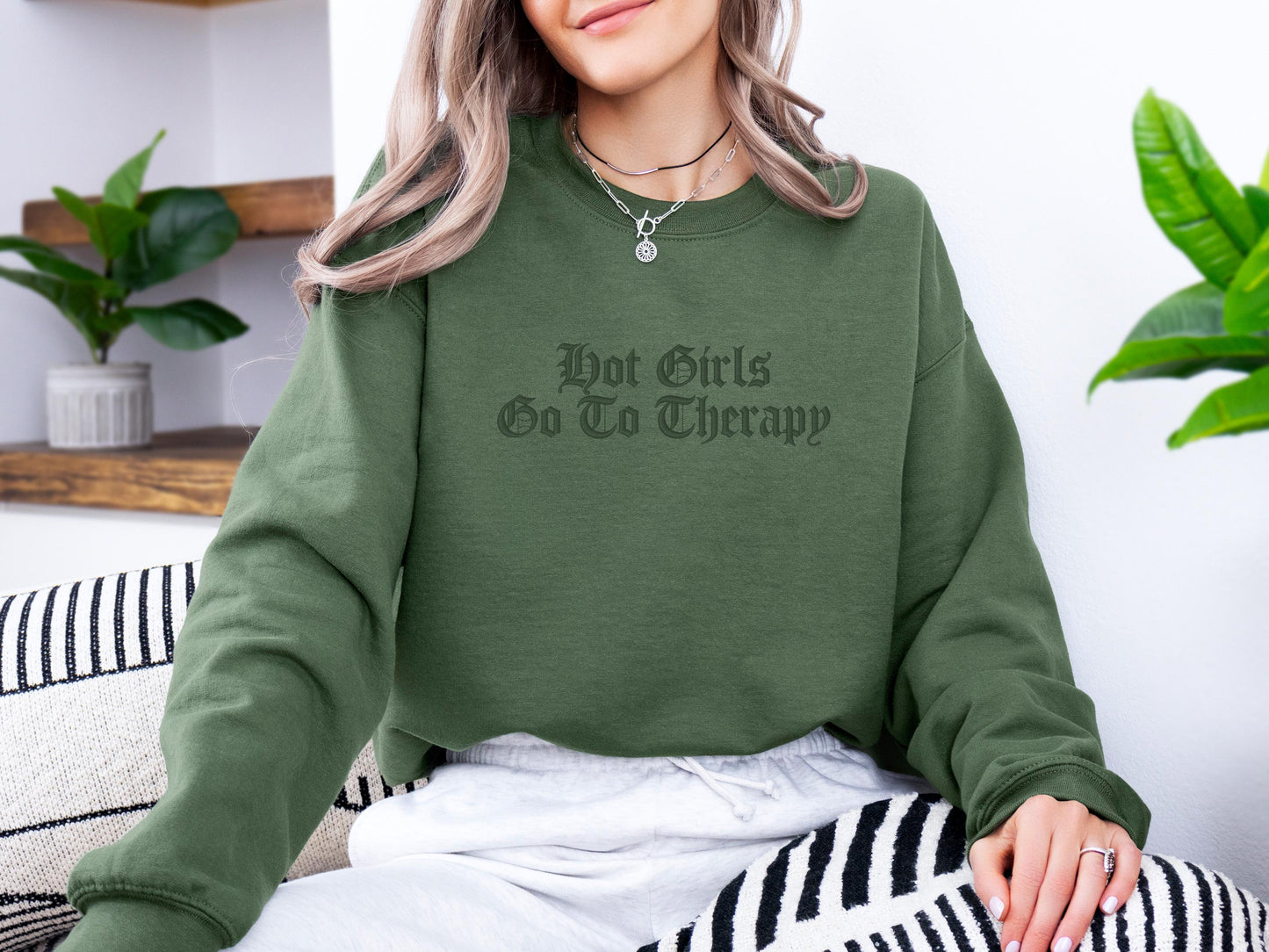 Hot Girls Go to Therapy Embroidered Sweatshirt | Gildan 18000 Crewneck | Funny Minimalist Pullover | Cozy Statement Sweater