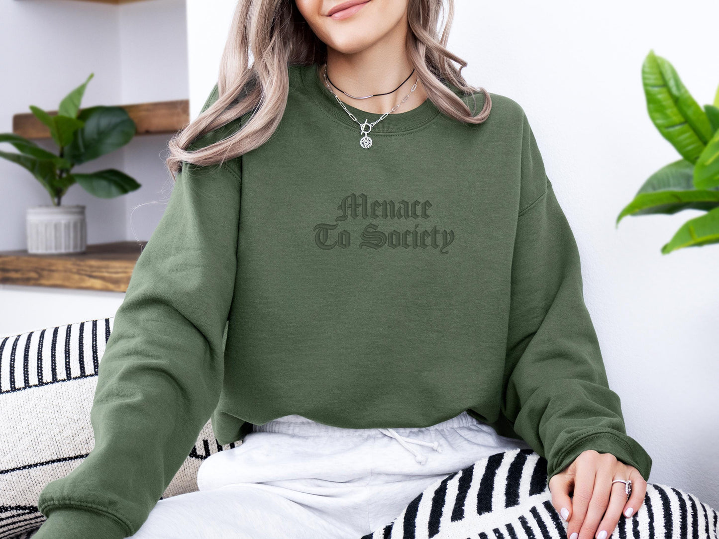 Menace to Society Embroidered Sweatshirt | Gildan 18000 Crewneck | Funny Minimalist Pullover | Cozy Statement Sweater | Gift for Him