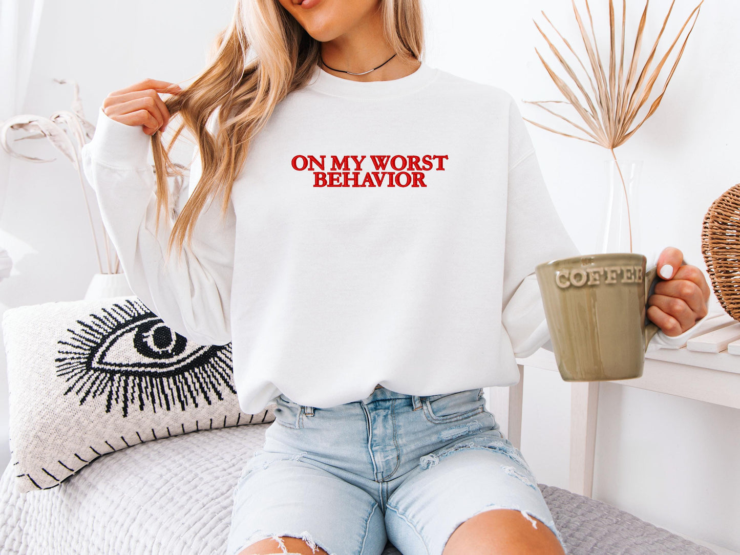 On My Worst Behavior Embroidered Sweatshirt | Gildan 18000 Crewneck | Funny Minimalist Pullover | Cozy Statement Sweater | Gift