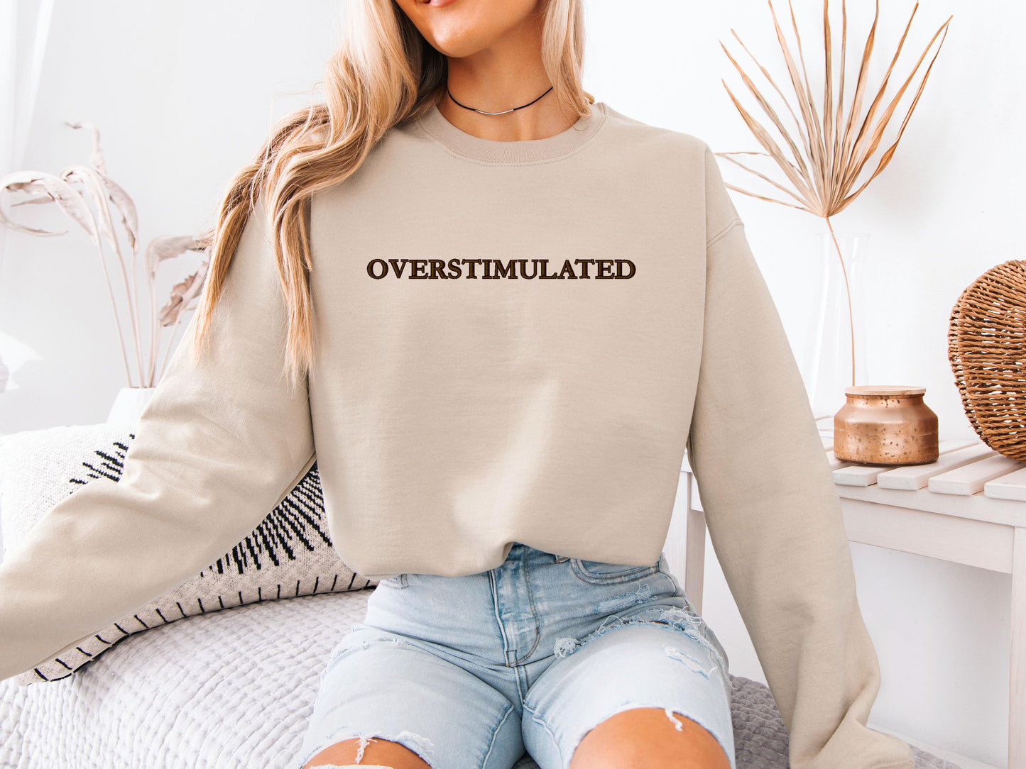 Overstimulated Embroidered Sweatshirt | Gildan 18000 Crewneck | Funny Relatable Pullover | Cozy Minimalist Statement Sweater | Gift