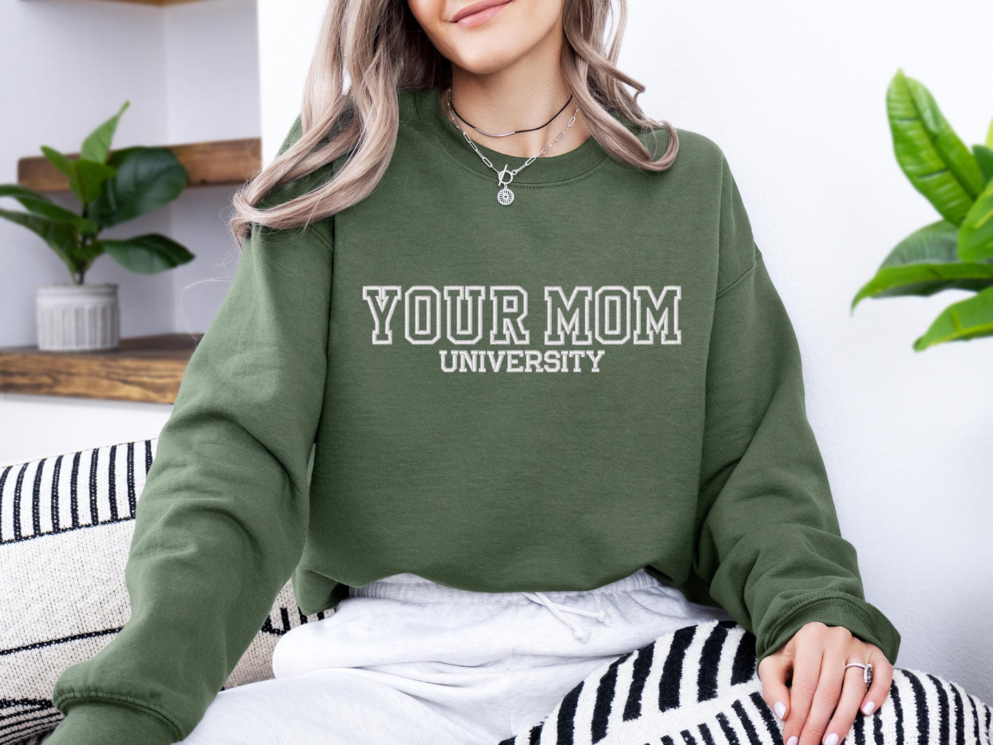 Your Mom University Embroidered Sweatshirt | Gildan 18000 Crewneck | Funny Sarcastic Pullover | Cozy Minimalist Statement Sweater