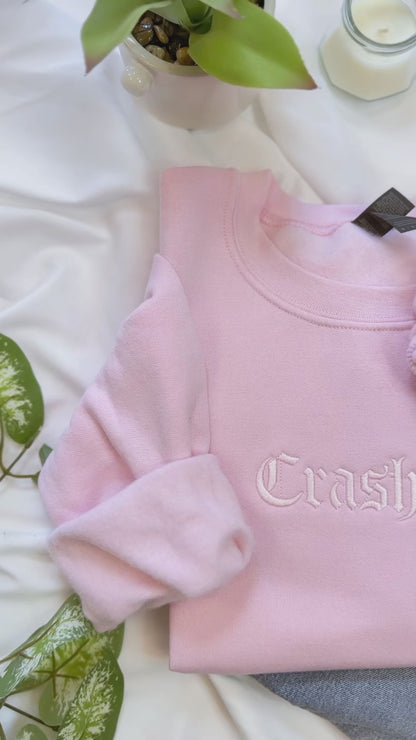 Pink Embroidered Crashout Crewneck Sweatshirt – Gildan 18000 Unisex Pullover, Cozy Fleece Embroidery, Cute