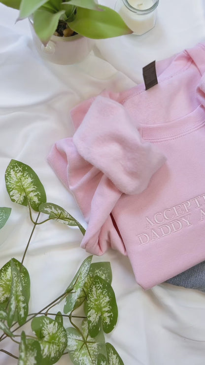 Pink Embroidered Accepting Sugar Daddy Applications Crewneck Sweatshirt – Gildan 18000 Unisex Pullover, Cozy Fleece Embroidery, Cute, Funny